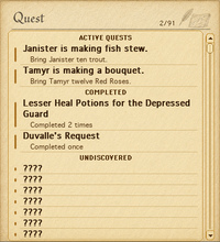Quest Log list showing active, completed, and undiscovered quests