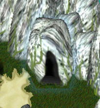 Highlighted cave entrance visible through nearby rocks