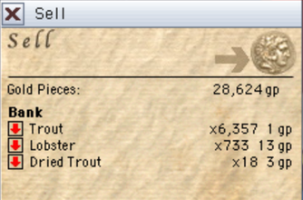 Sell window listing items available from the bank