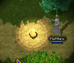 A character catching fire beside a campfire